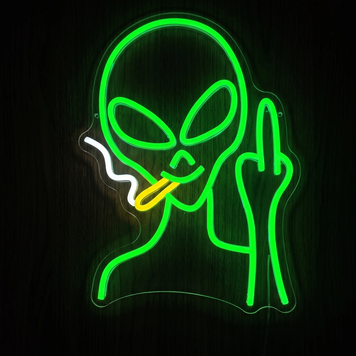 Alien Peace LED Neon Sign featuring a bright green alien with a smoking joint and raised middle finger in multicolor neon.