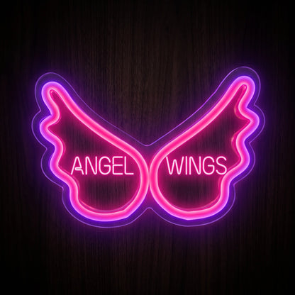 Angel Wings LED neon sign featuring bright pink illuminated wings with ANGEL WINGS text across the center.