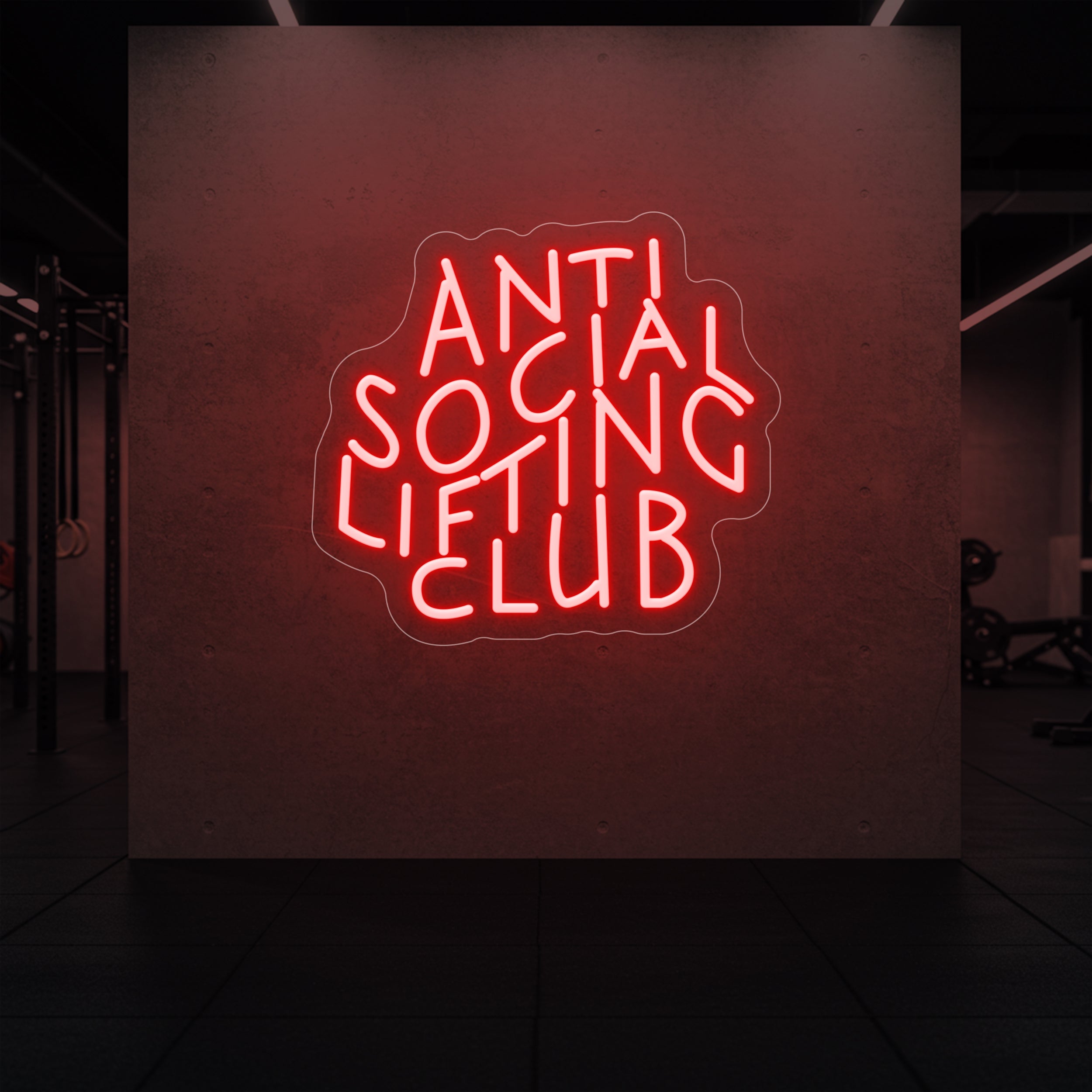  'Anti Social Lifting Club' neon sign glowing in red against a styled interior wall.