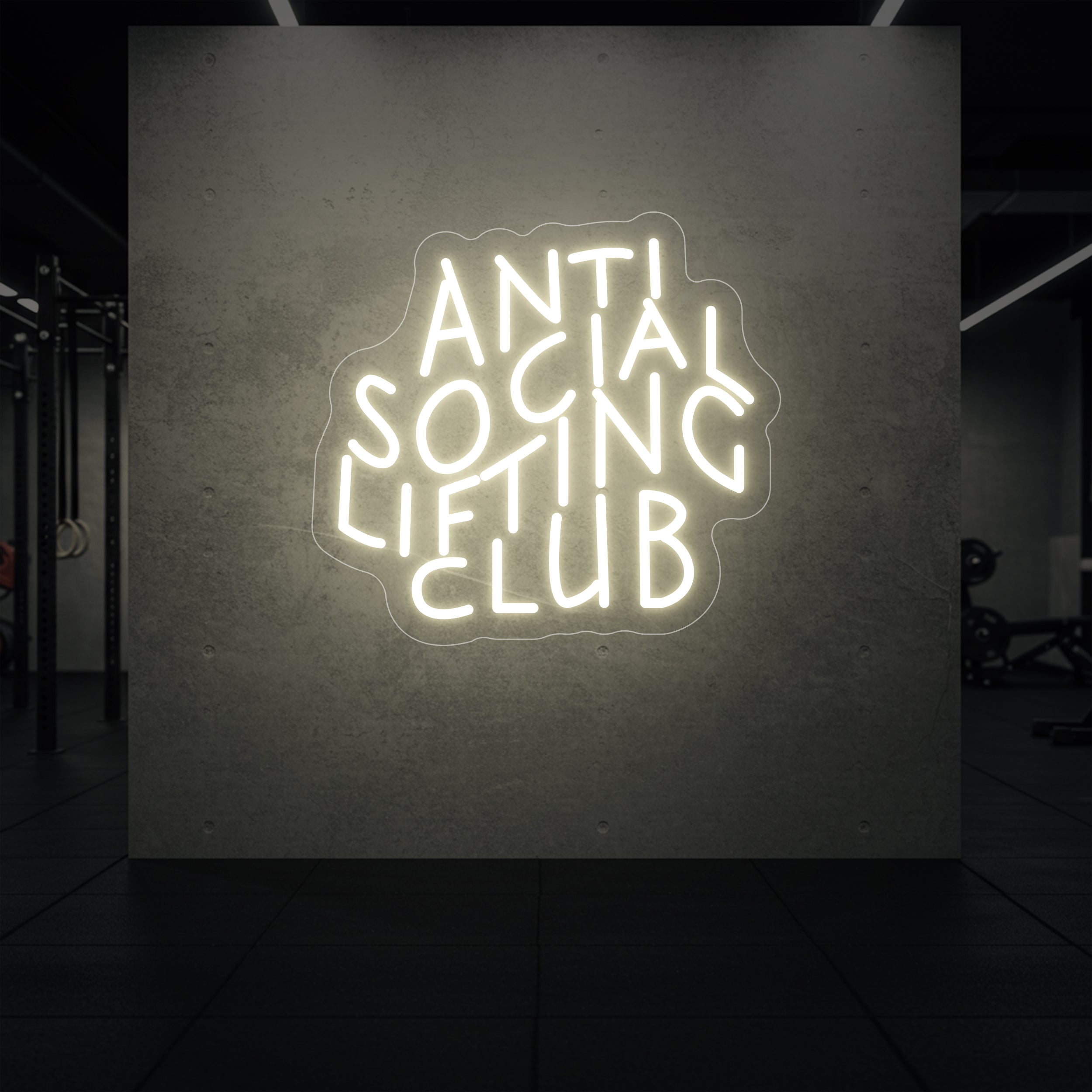 'Anti Social Lifting Club' neon sign glowing in warm white against a styled interior wall.