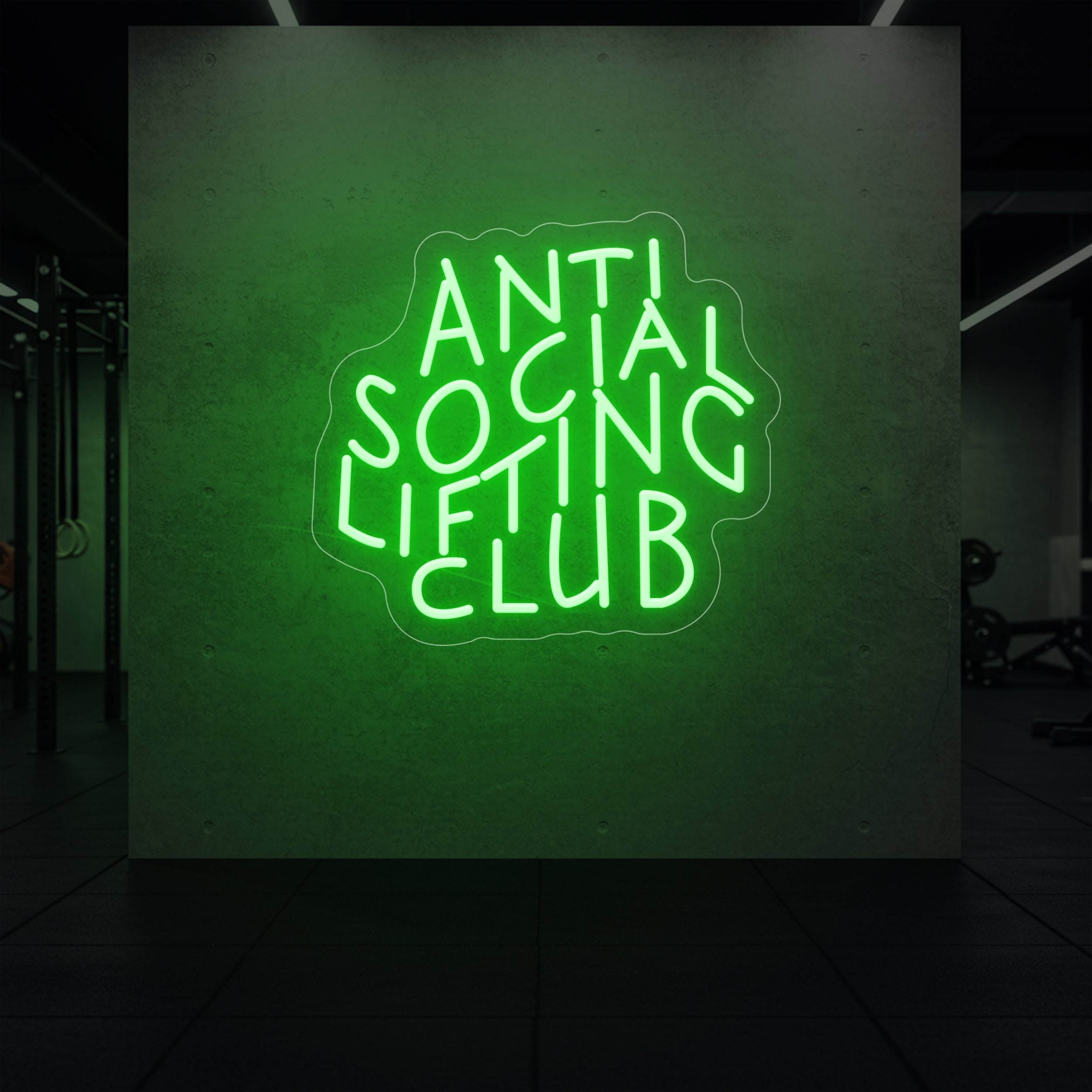 'Anti Social Lifting Club' neon sign glowing in green against a styled interior wall.