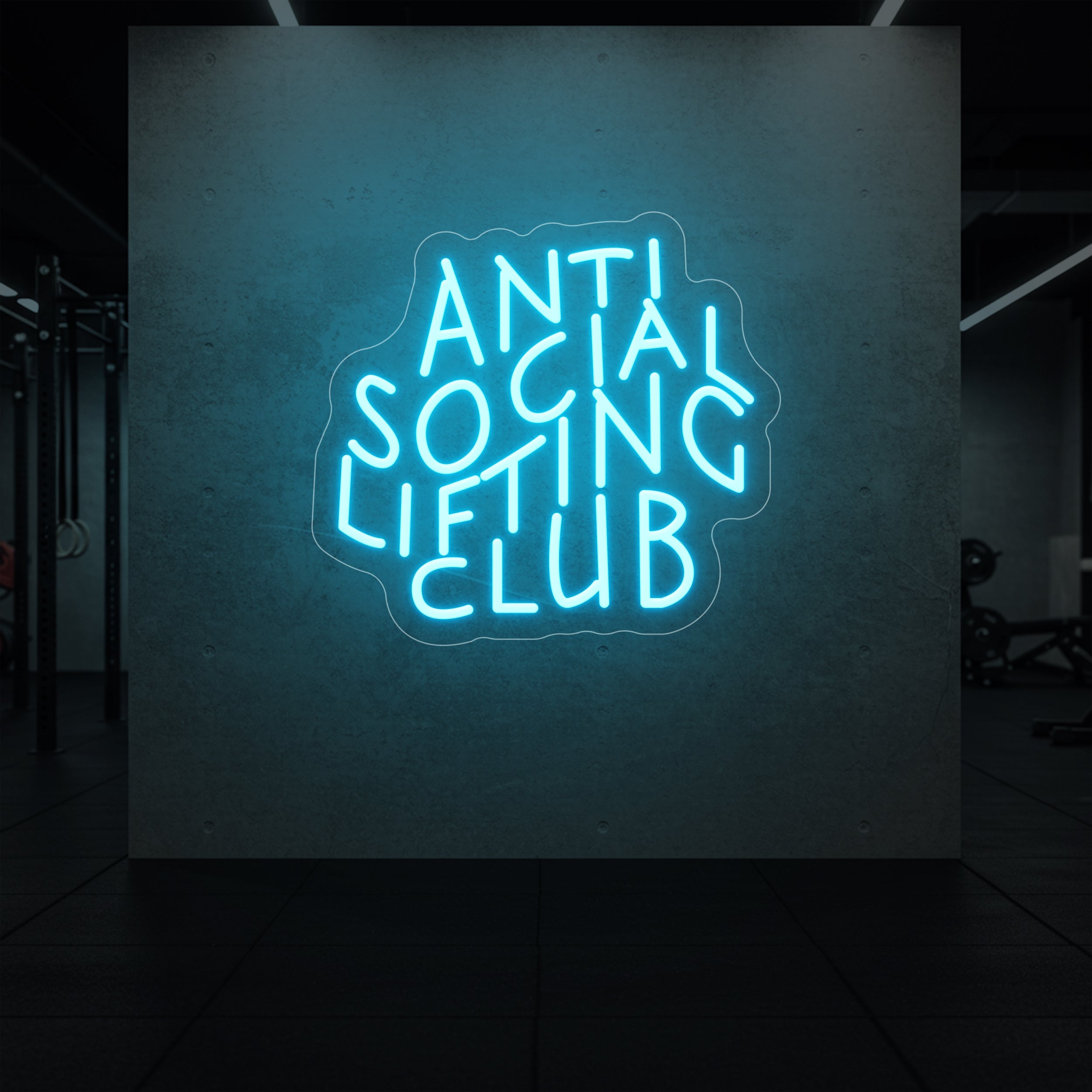 'Anti Social Lifting Club' neon sign glowing in ice blue against a styled interior wall.