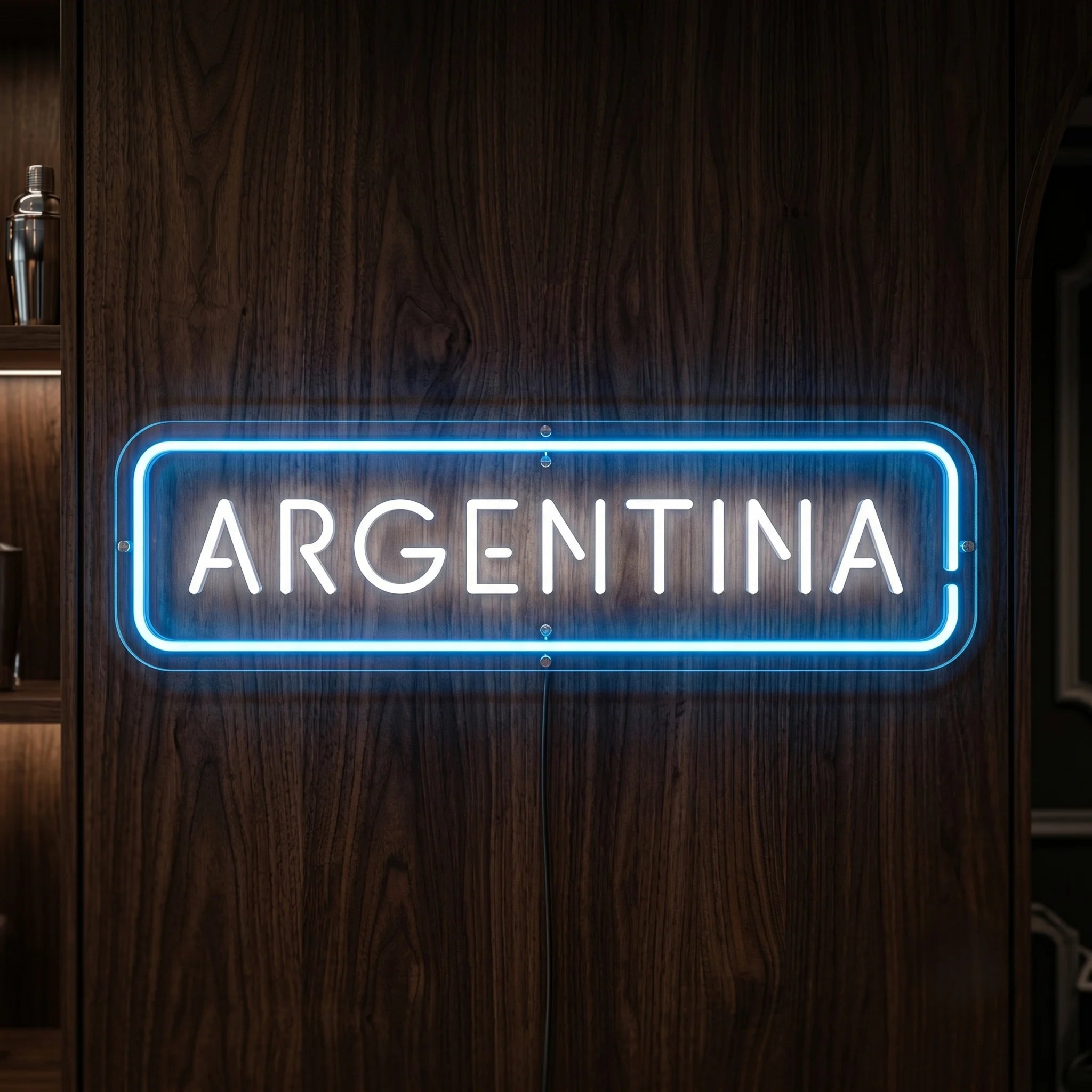 Argentina LED neon sign with white lettering and blue neon border