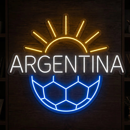 Argentina LED neon sign featuring sunrise rays and soccer ball design in blue, white and yellow
