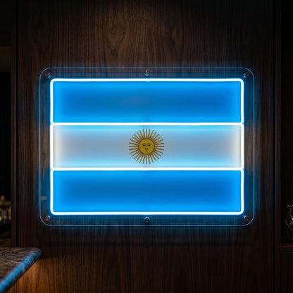 Argentina LED neon sign featuring illuminated blue and white flag panel with Sun of May emblem