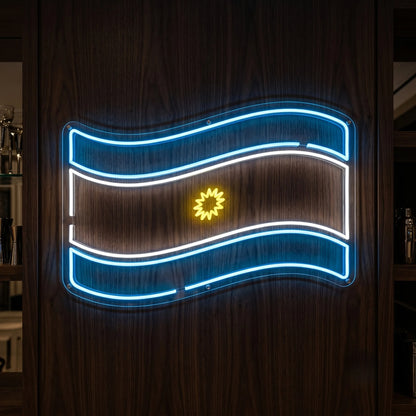 Argentina LED neon sign with blue and white waving flag outline and yellow sun detail