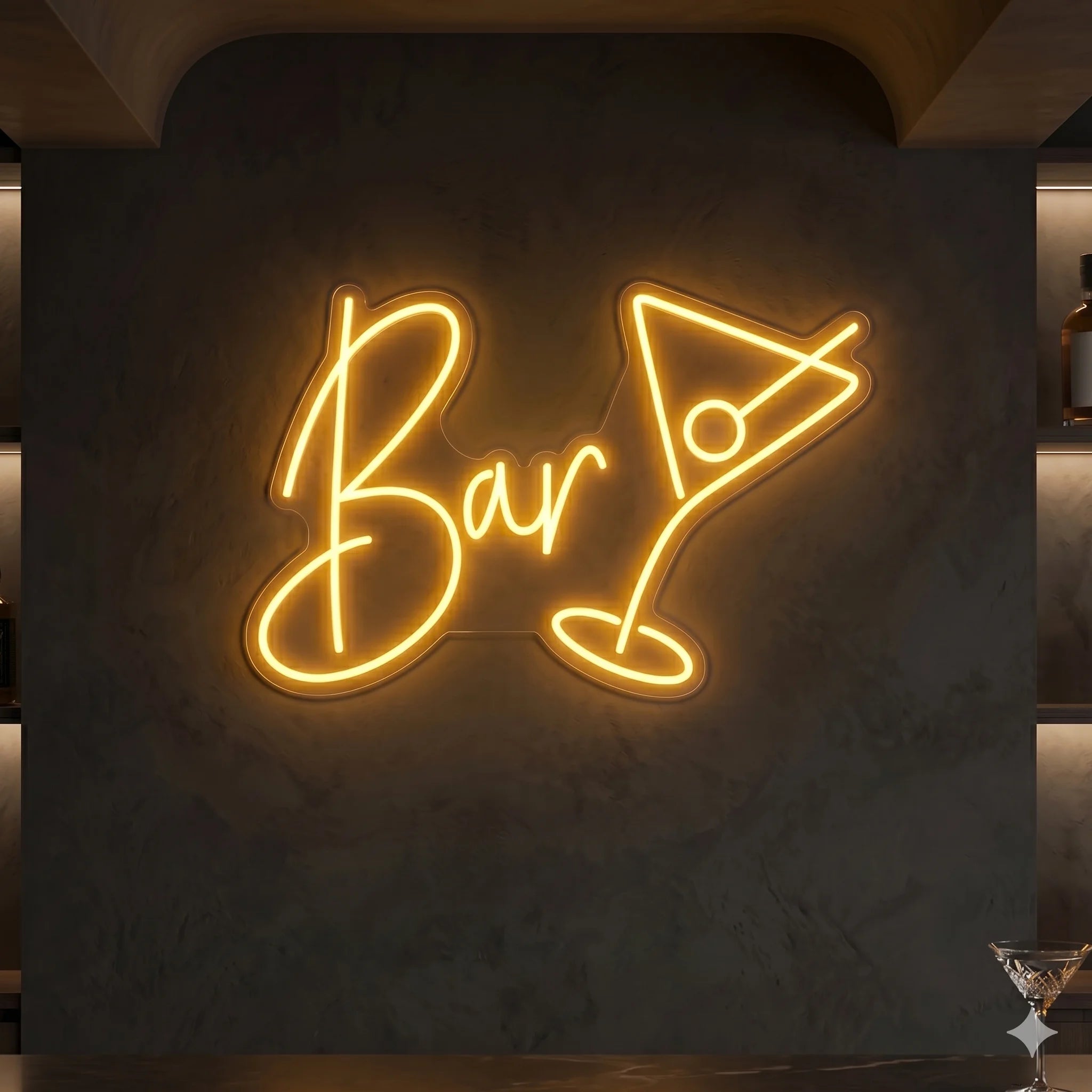 Photo of the 'BAR' neon sign glowing in warm white against a styled interior wall.