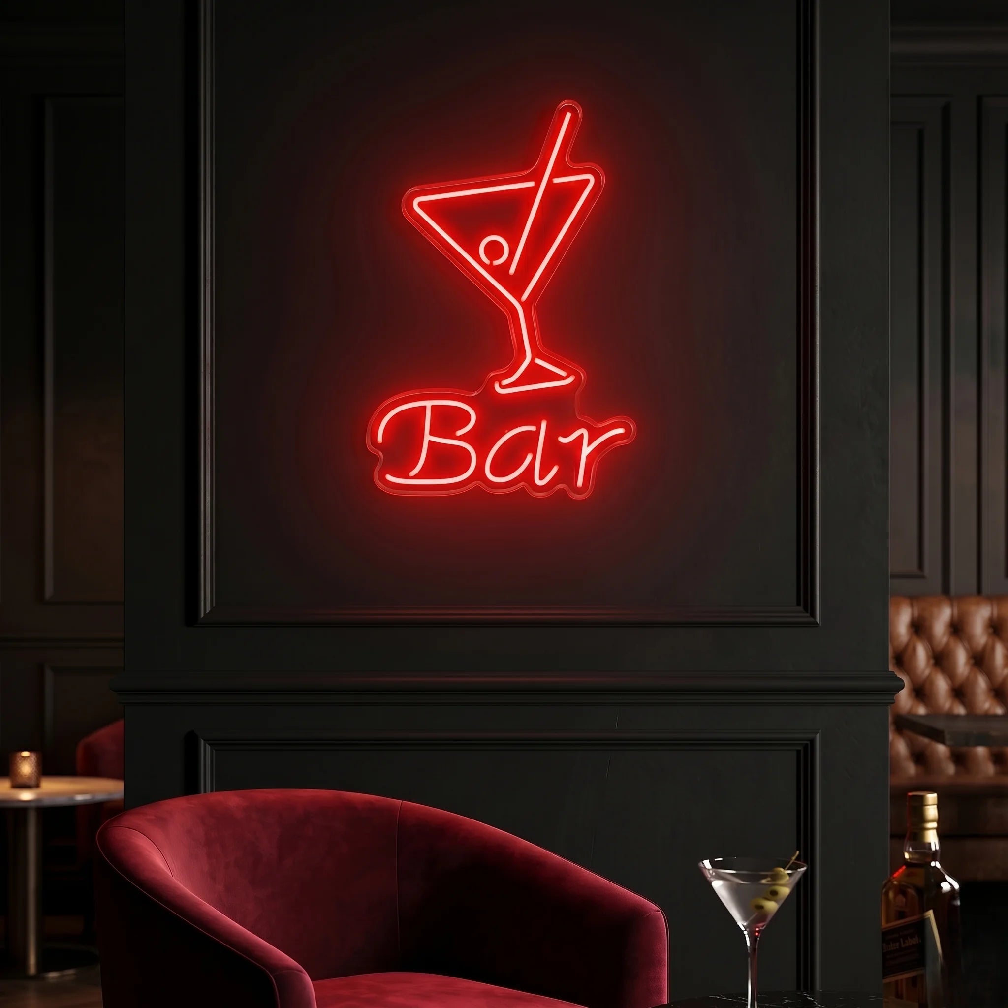 Photo of the 'BAR' neon sign glowing in red against a styled interior wall.