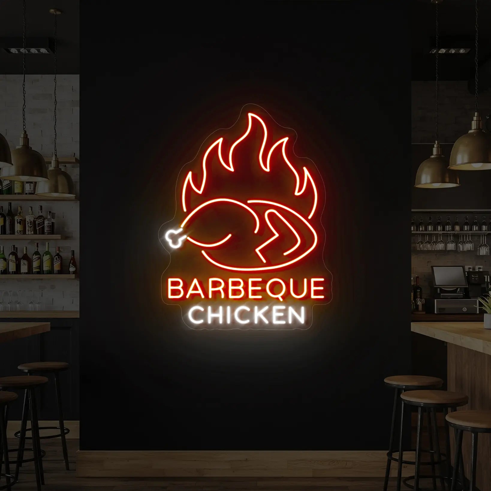 Photo of the 'Barbeque Chicken' neon sign glowing in red, orange and cool white against a styled interior wall.