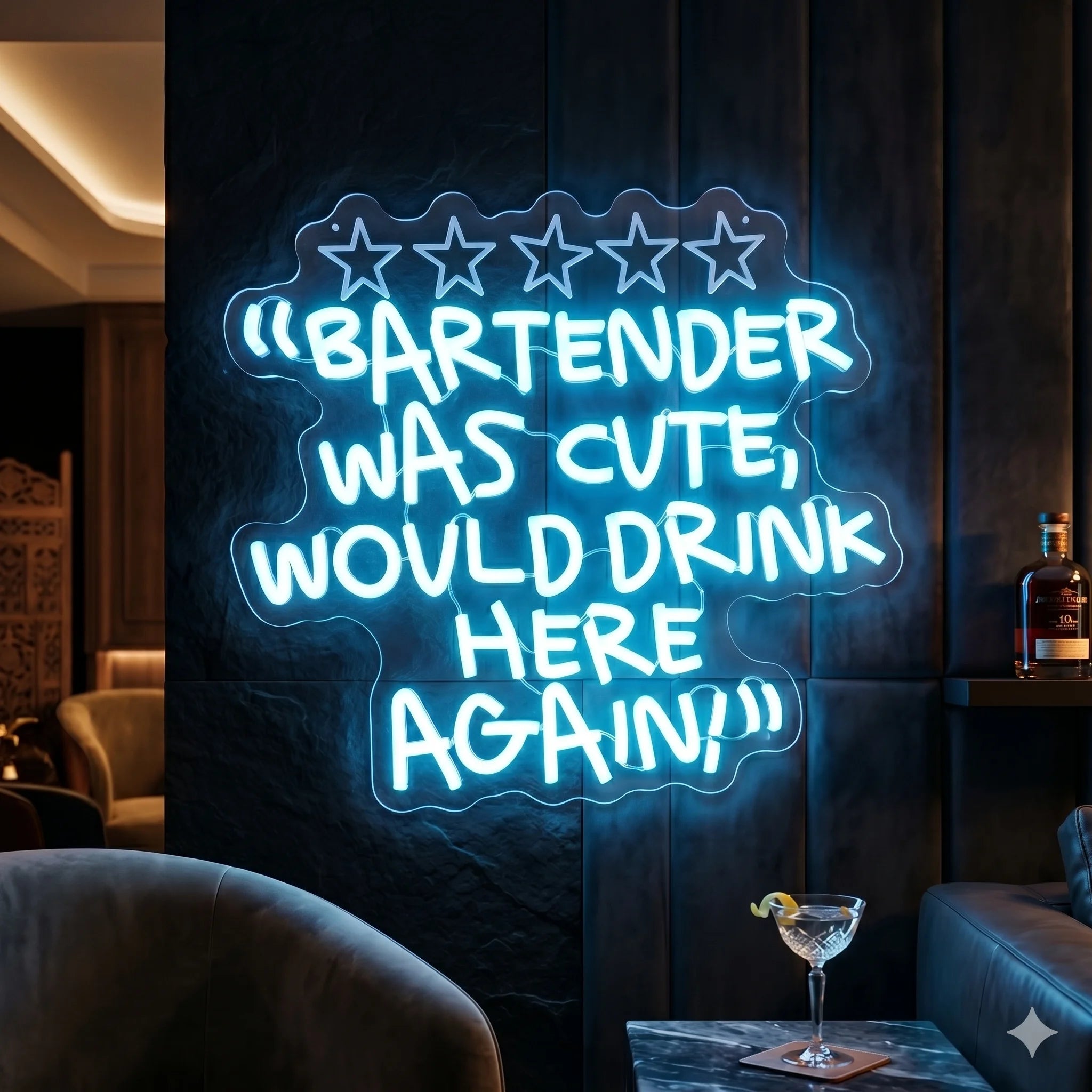 Photo of the 'BARTENDER WAS CUTE, WOULD DRINK HERE AGAIN!' neon sign glowing in ice blue against a styled interior wall.