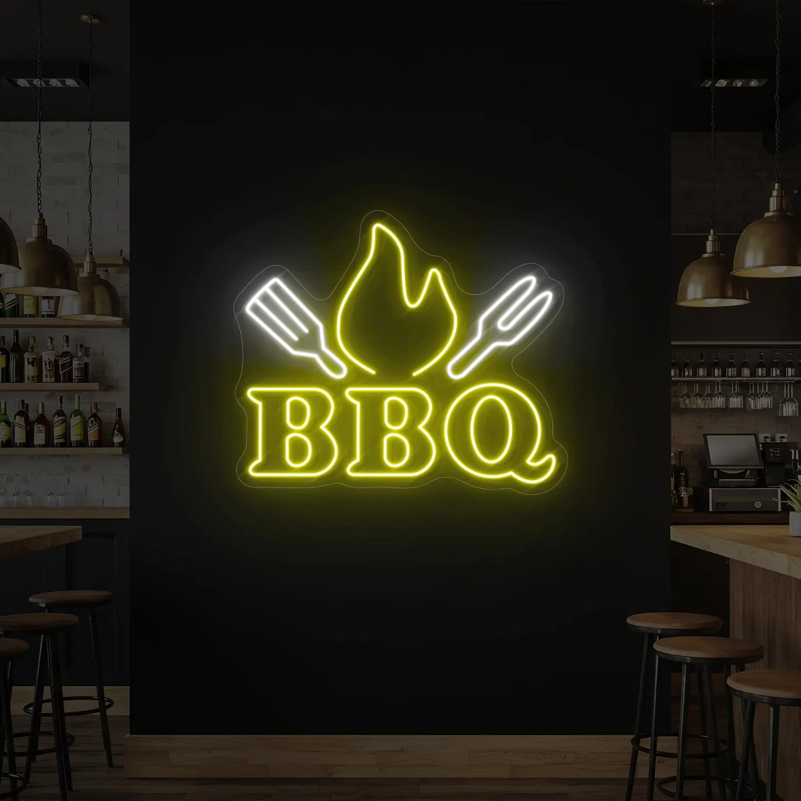 Photo of the 'BBQ' neon sign glowing in cool white and yellow against a styled interior wall.