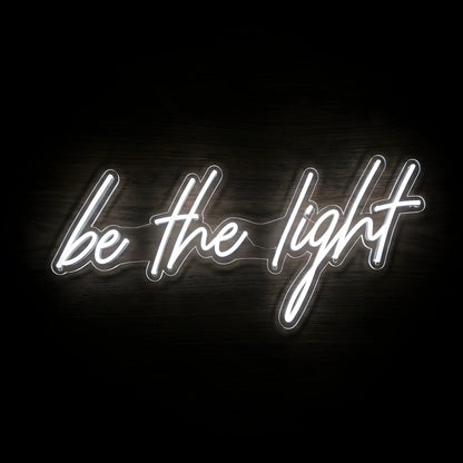 Be the Light LED neon sign with cool white illumination on precision-cut acrylic backing, Christian wall decor featuring an inspirational faith message.