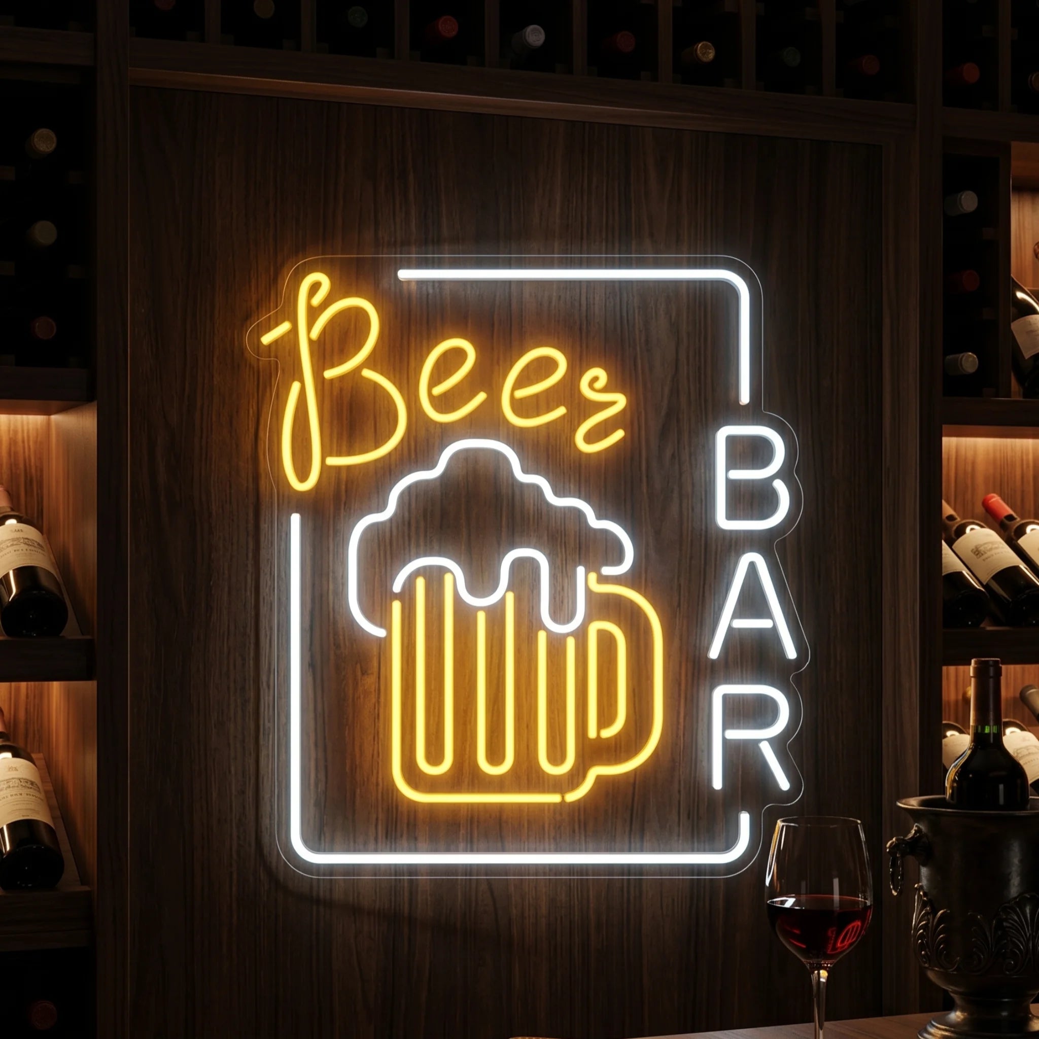 Photo of the 'BEER BAR' neon sign glowing in cool white and lemon yellow against a styled interior wall.