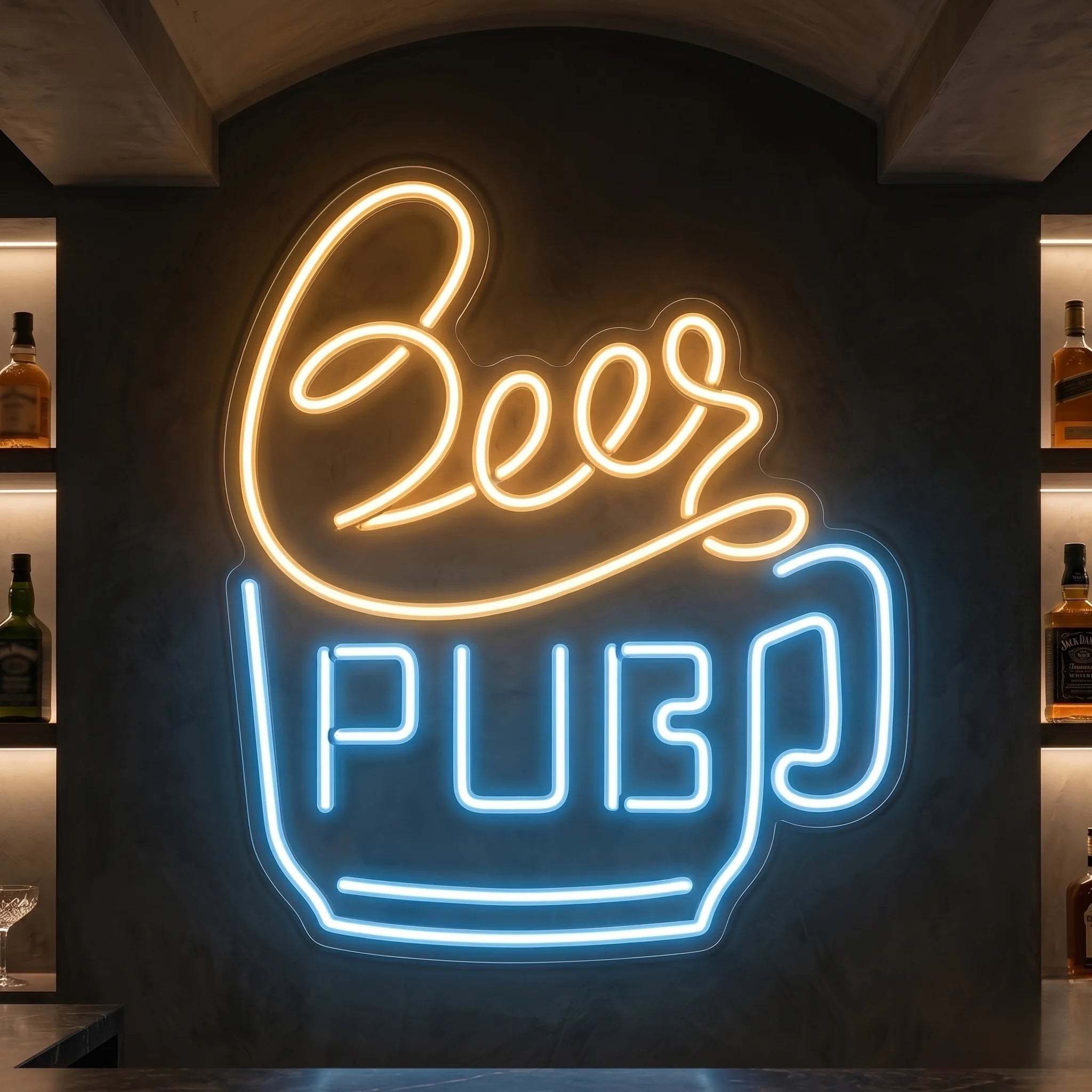 Photo of the 'BEER PUB' neon sign glowing in ice blue and warm white against a styled interior wall.