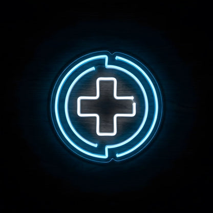 Blue Medical Cross Emblem LED Neon Sign featuring a glowing white medical cross surrounded by electric-blue circular neon accents on clear acrylic backing against a dark wooden wall.