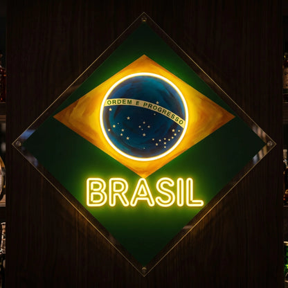 Brazil UV printed neon sign with flag-inspired artwork and illuminated BRASIL lettering