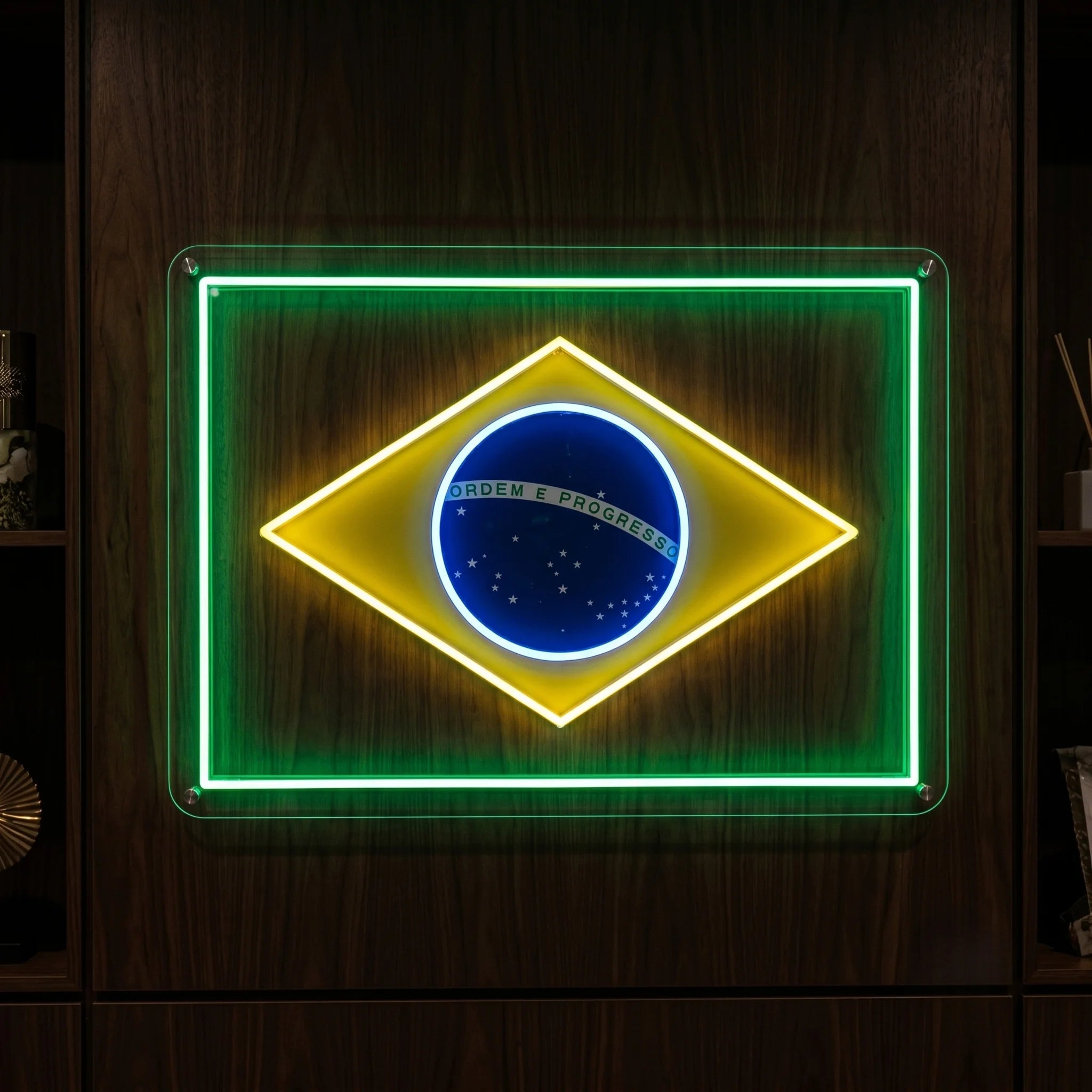 Brazil LED neon sign featuring Brazilian flag design with green, yellow blue and white illumination