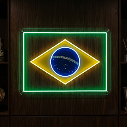 Brazil LED neon sign featuring Brazilian flag design with green, yellow blue and white illumination