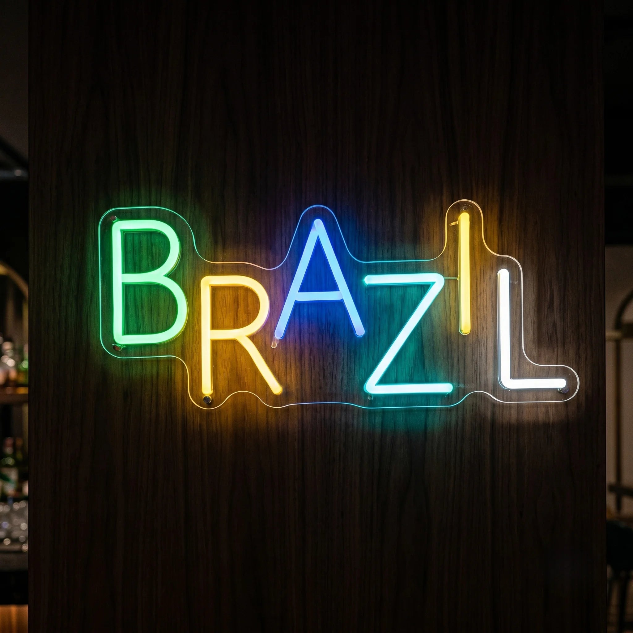 Brazil LED neon sign featuring multicolour lettering in green yellow blue cyan and white