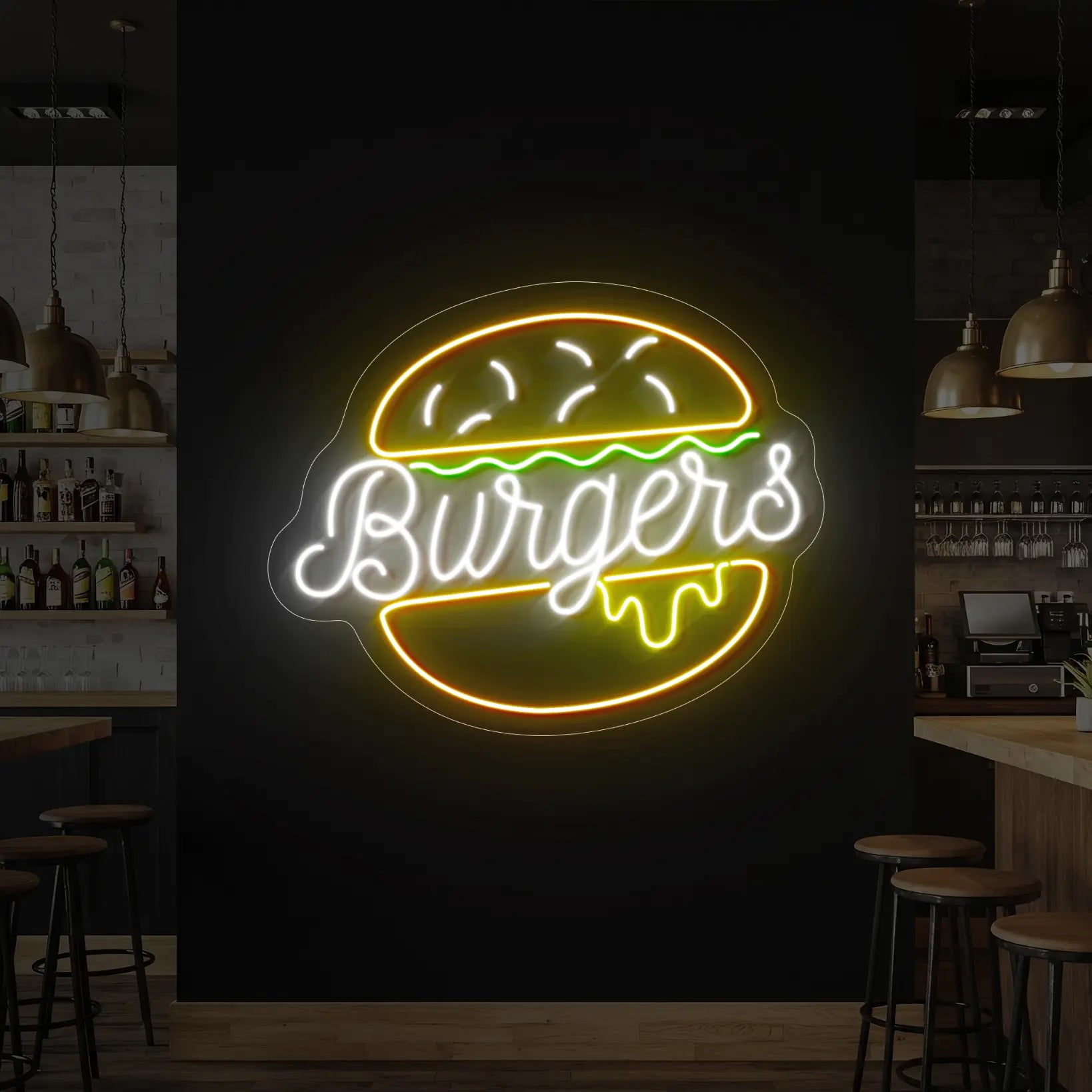 Photo of the 'Burgers' neon sign glowing in cool white, yellow, orange and green against a styled interior wall.