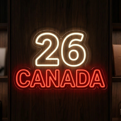 Canada 26 LED neon sign featuring red Canada lettering and cool white 26 design