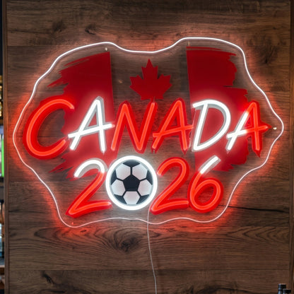 Canada 2026 LED neon sign featuring Canadian flag artwork and football graphic in red and cool white