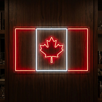 Canada LED neon sign featuring flag outline design with illuminated maple leaf in red and cool white