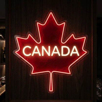 Canada LED neon sign featuring illuminated maple leaf design with red and cool white lighting.