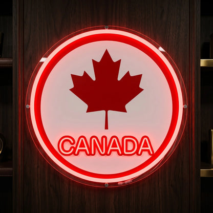 Canada LED neon sign featuring maple leaf badge design with illuminated Canada lettering