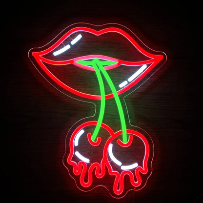 Cherry lips LED neon sign with red lips and cherries, green stems, white accents, and clear acrylic backing.
