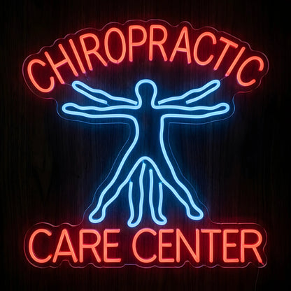 Chiropractic Care Center LED neon sign featuring red CHIROPRACTIC and CARE CENTER lettering with a blue human figure and outstretched arms on clear acrylic backing for chiropractic office wall decor.