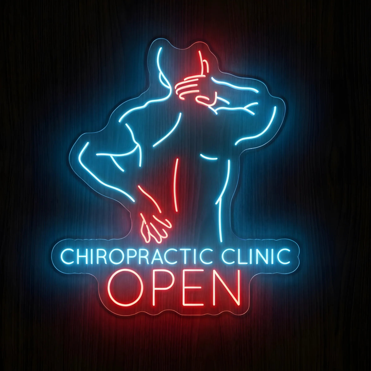 Chiropractic Clinic Open LED neon sign featuring a blue human figure holding the neck and lower back with red pain accents, blue CHIROPRACTIC CLINIC lettering, and red OPEN text on clear acrylic backing.
