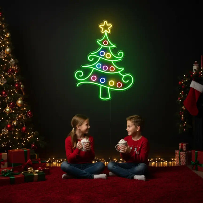 Photo of the 'Christmas Tree Neon Sign' neon sign glowing in multicolor against a styled interior wall.