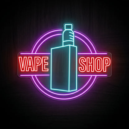 Vape Shop LED neon sign on clear acrylic backing featuring a cyan vape device inside a purple circle with red lettering for vape shop wall décor.