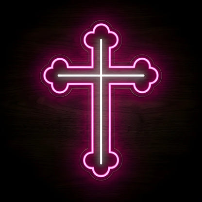 Ornate Cross LED neon sign featuring a pink outlined Christian cross with a glowing white center on a clear acrylic backing for faith-inspired wall decor.