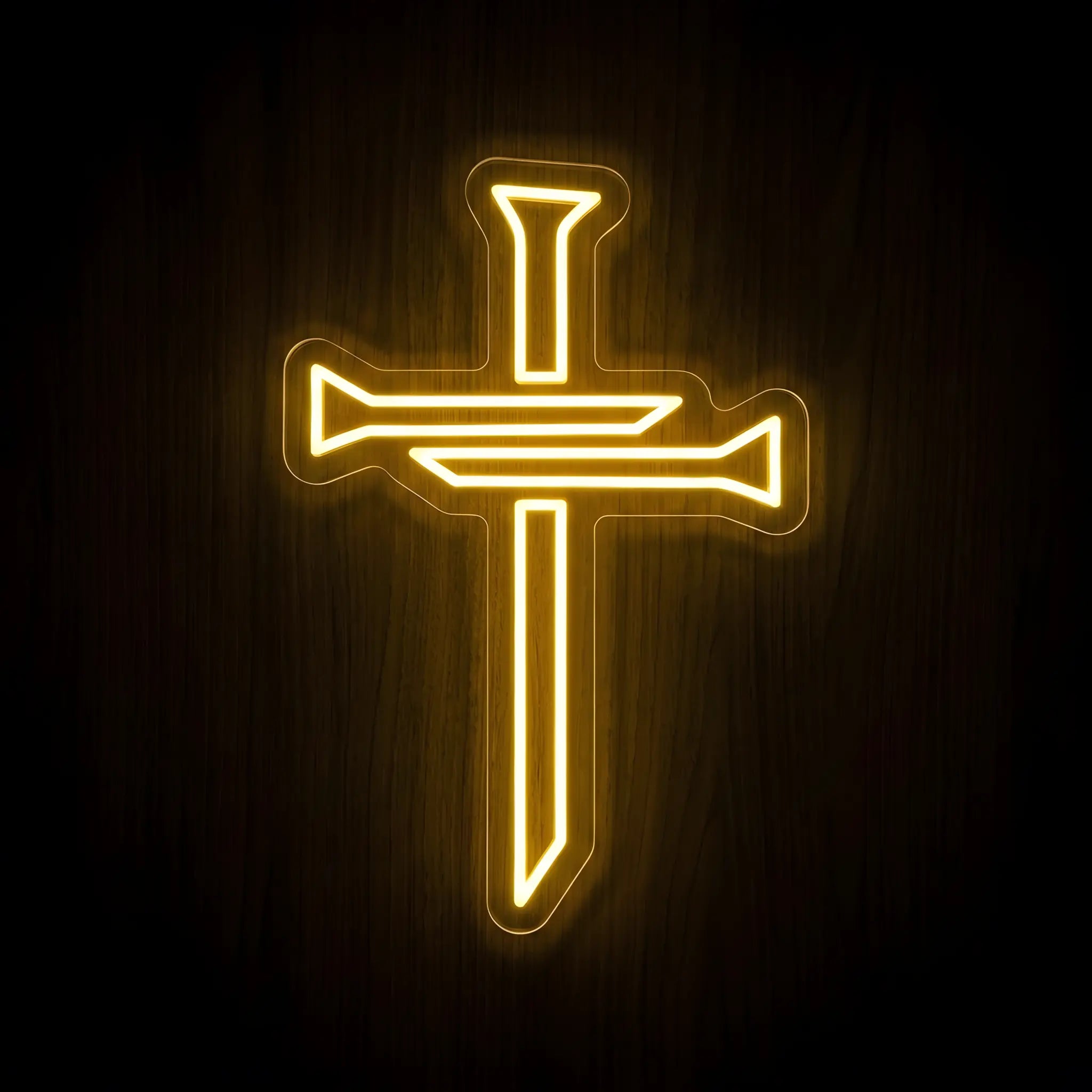 Nail Cross LED neon sign featuring a Christian cross made from three nails in warm white on a clear acrylic backing for faith-inspired wall decor.