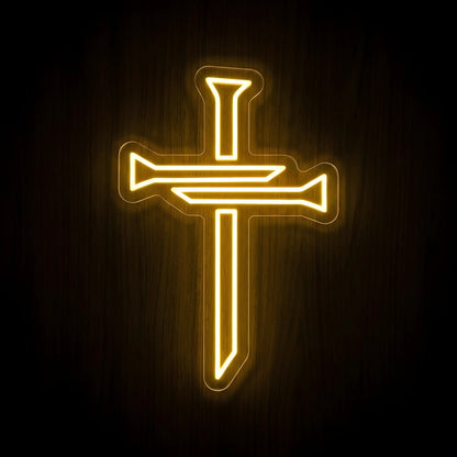 Nail Cross LED neon sign featuring a Christian cross made from three nails in warm white on a clear acrylic backing for faith-inspired wall decor.
