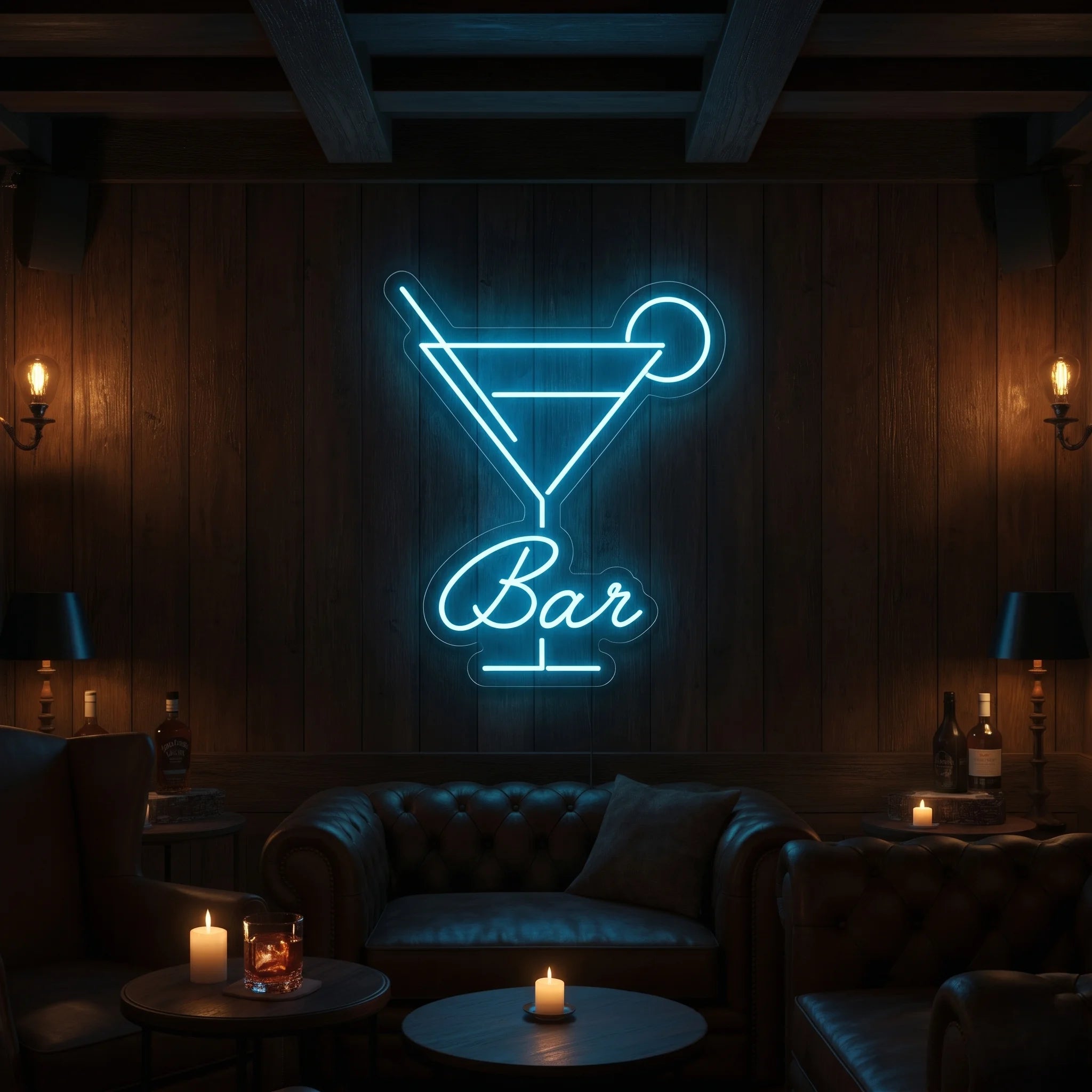 Photo of the 'BAR' neon sign glowing in ice blue against a styled interior wall.