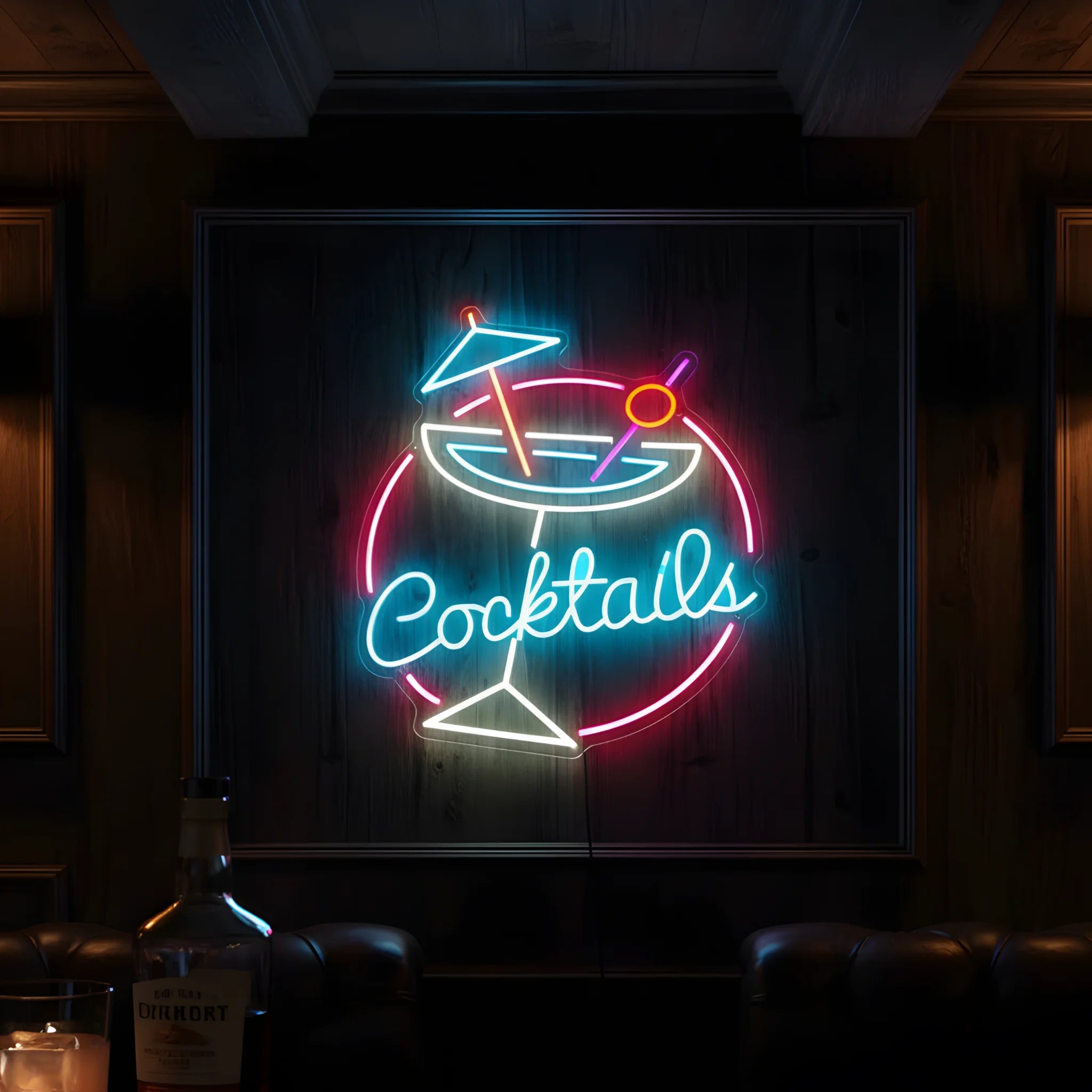 Photo of the 'Cocktails Version 4' neon sign glowing in multi-color against a styled interior wall.