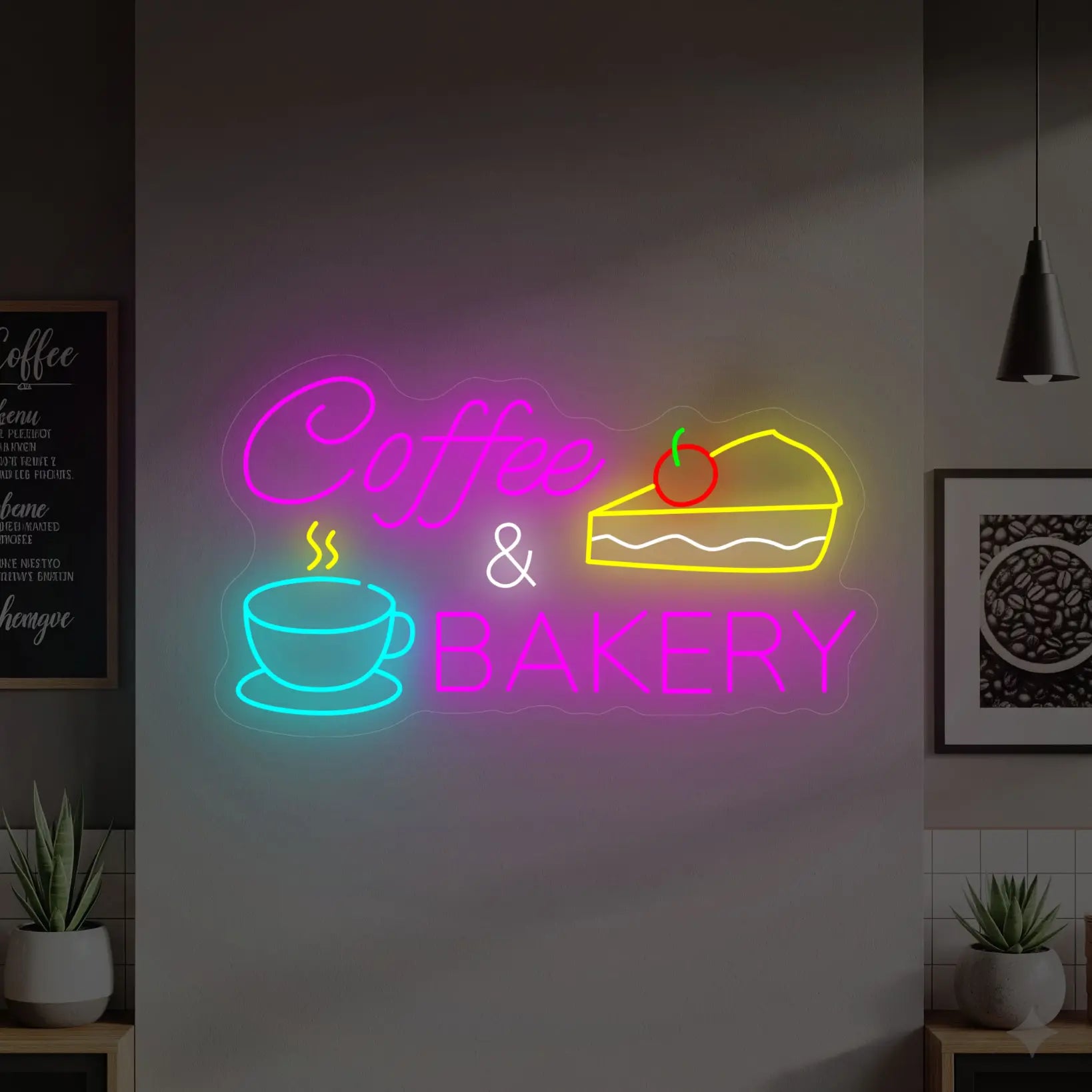 Photo of the 'COFFEE & BAKERY' neon sign glowing in Multi-Color against a styled interior wall.
