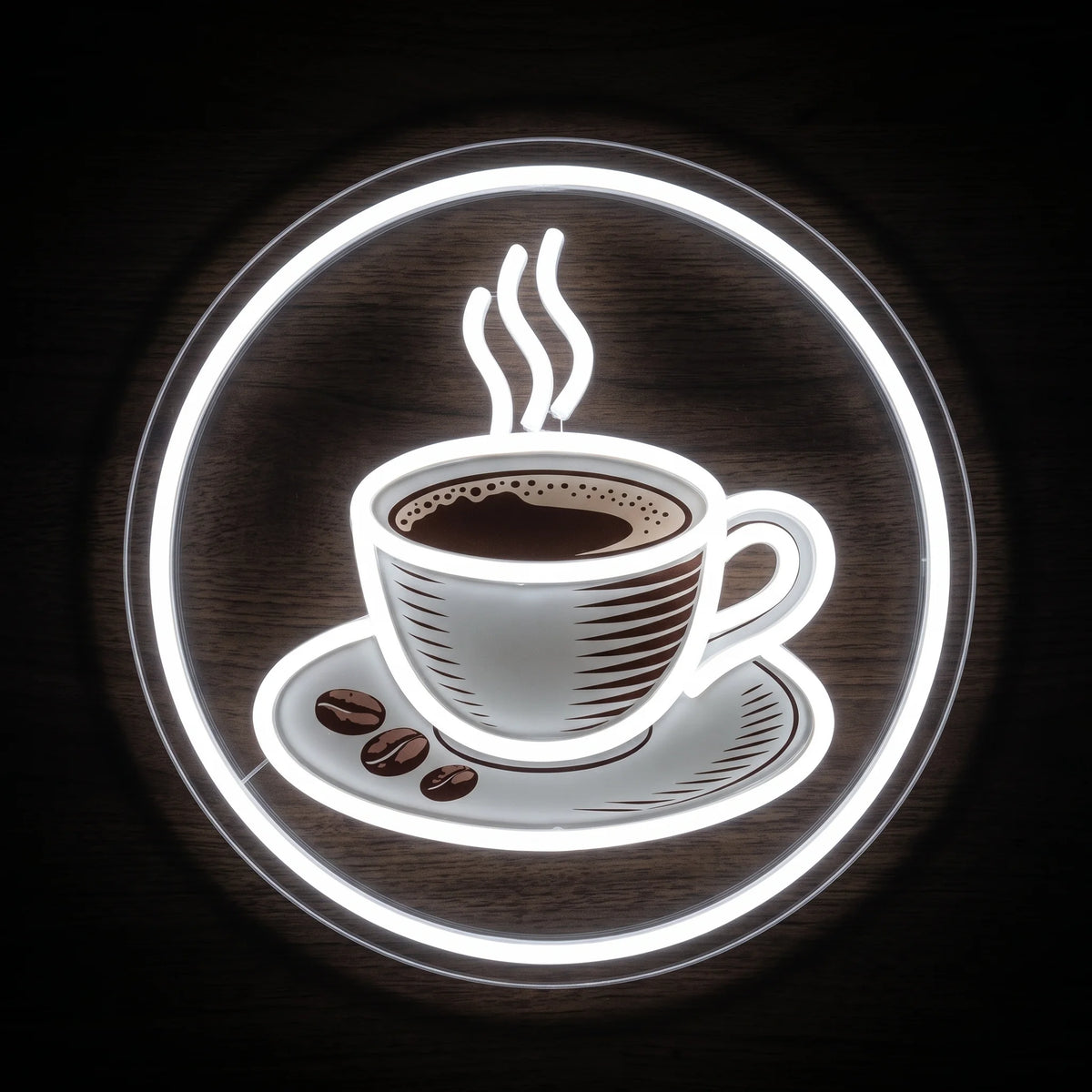 Coffee cup LED neon sign with cool white illumination, brown printed details and clear acrylic backing.