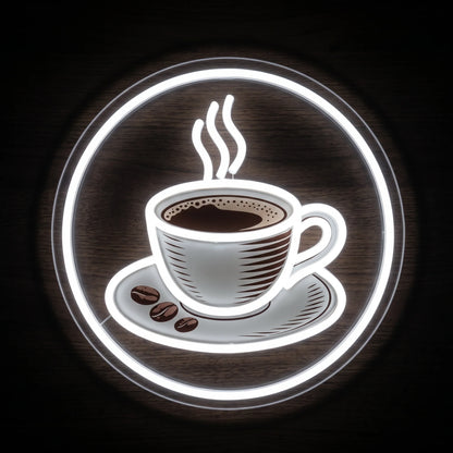 Coffee cup LED neon sign with cool white illumination, brown printed details and clear acrylic backing.
