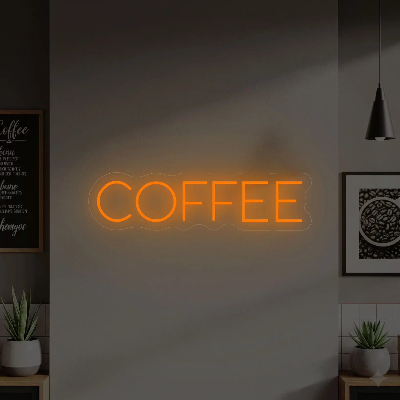 Photo of the 'COFFEE' neon sign glowing in golden yellow against a styled interior wall.