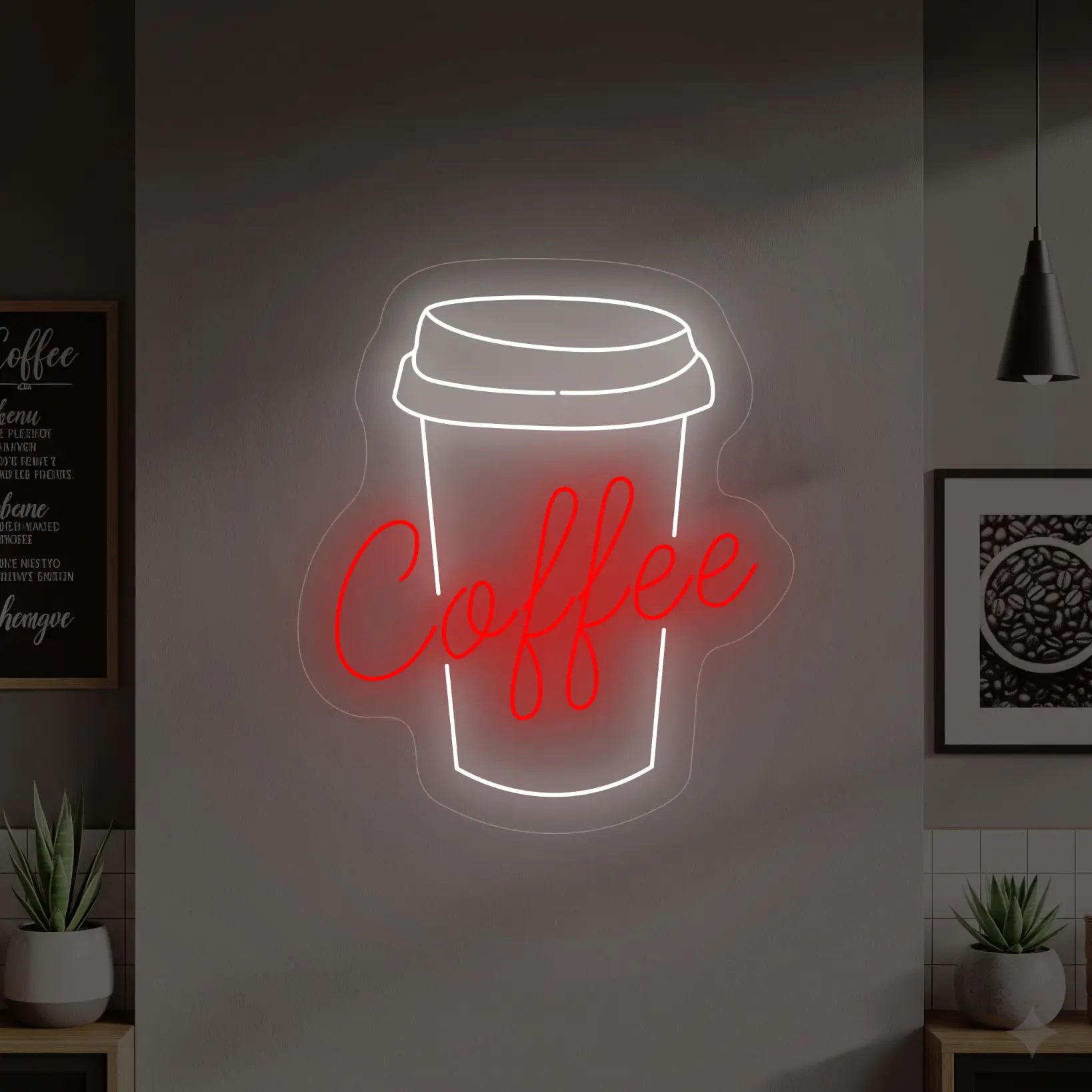 Photo of the 'COFFEE With To-Go Cup' neon sign glowing in cool white and red against a styled interior wall.