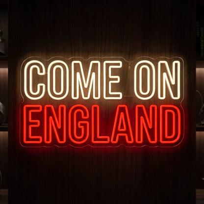 Come On England LED neon sign featuring bold warm white and red illuminated football slogan lettering