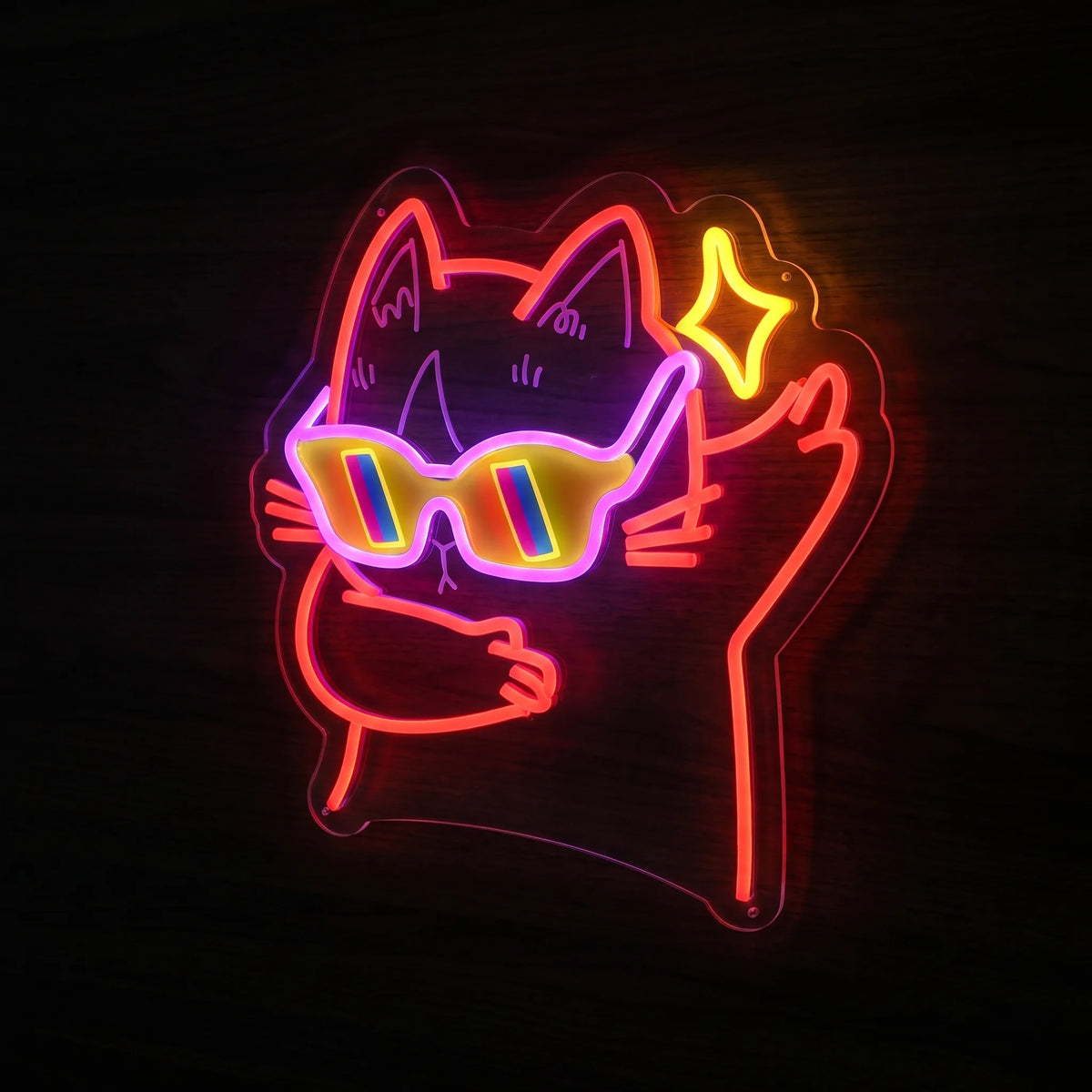 Cool cat LED neon sign with colorful sunglasses, red-orange outline, pink and purple accents, and acrylic backing.
