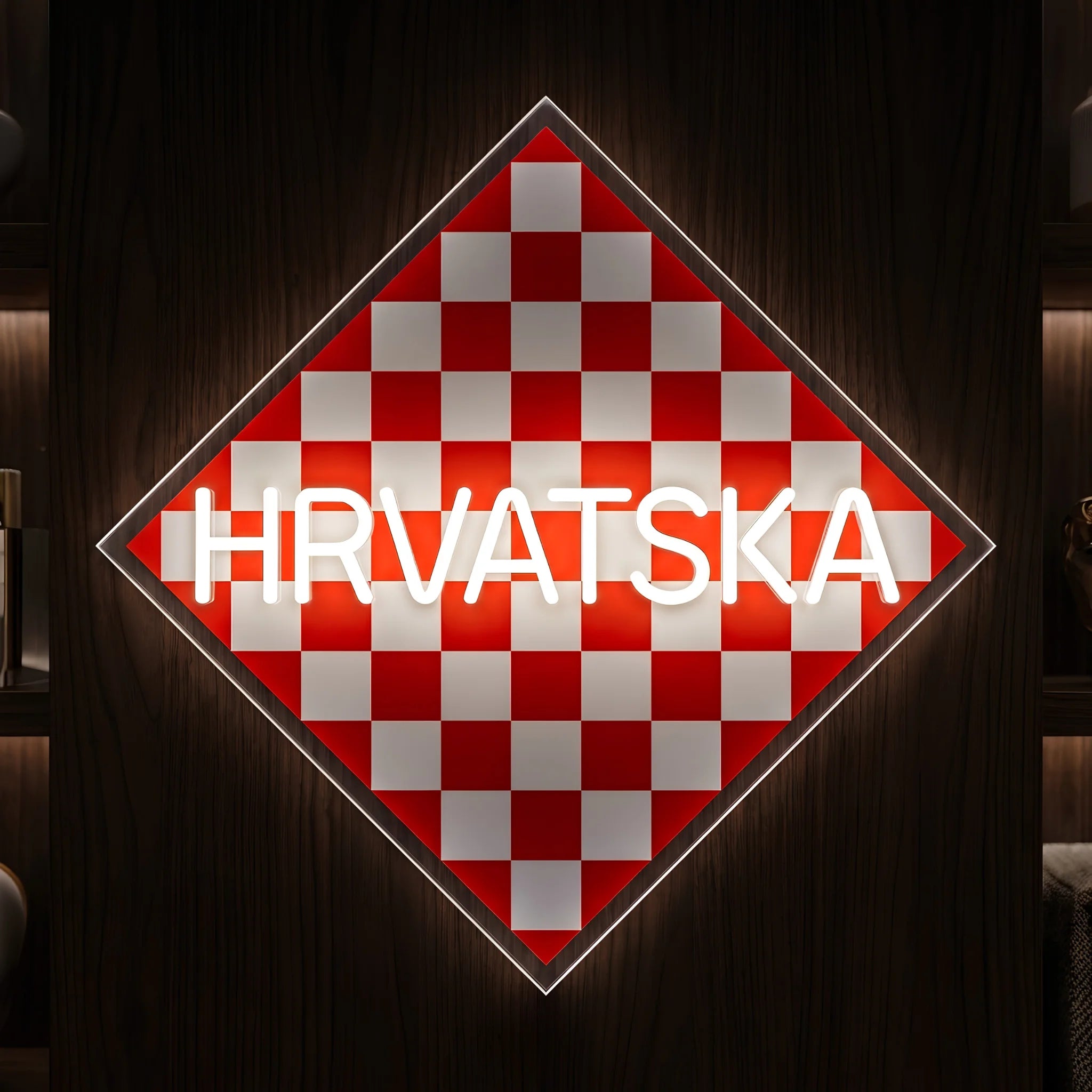 Hrvatska LED neon sign featuring Croatia's red and white checkered diamond design with illuminated lettering