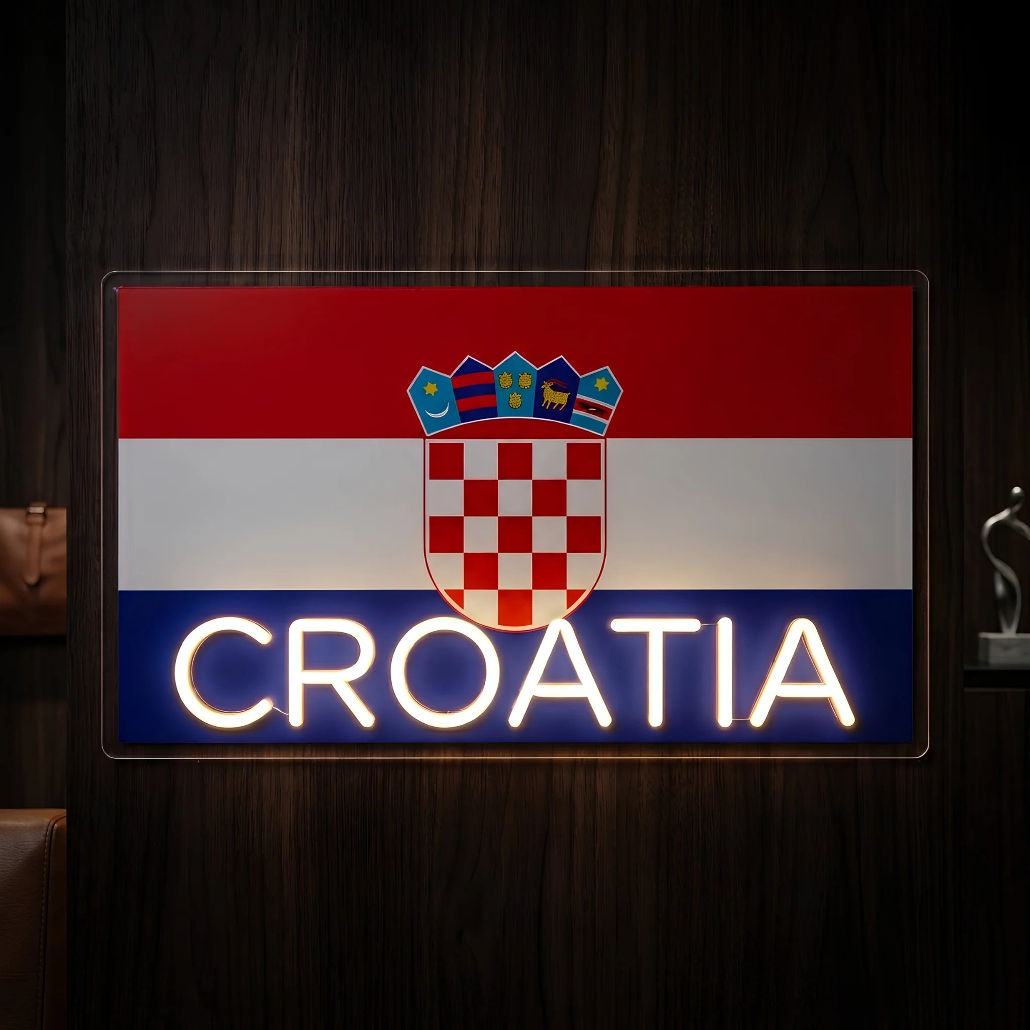 Croatia LED neon sign featuring the Croatian flag, checkerboard crest, and illuminated Croatia lettering.