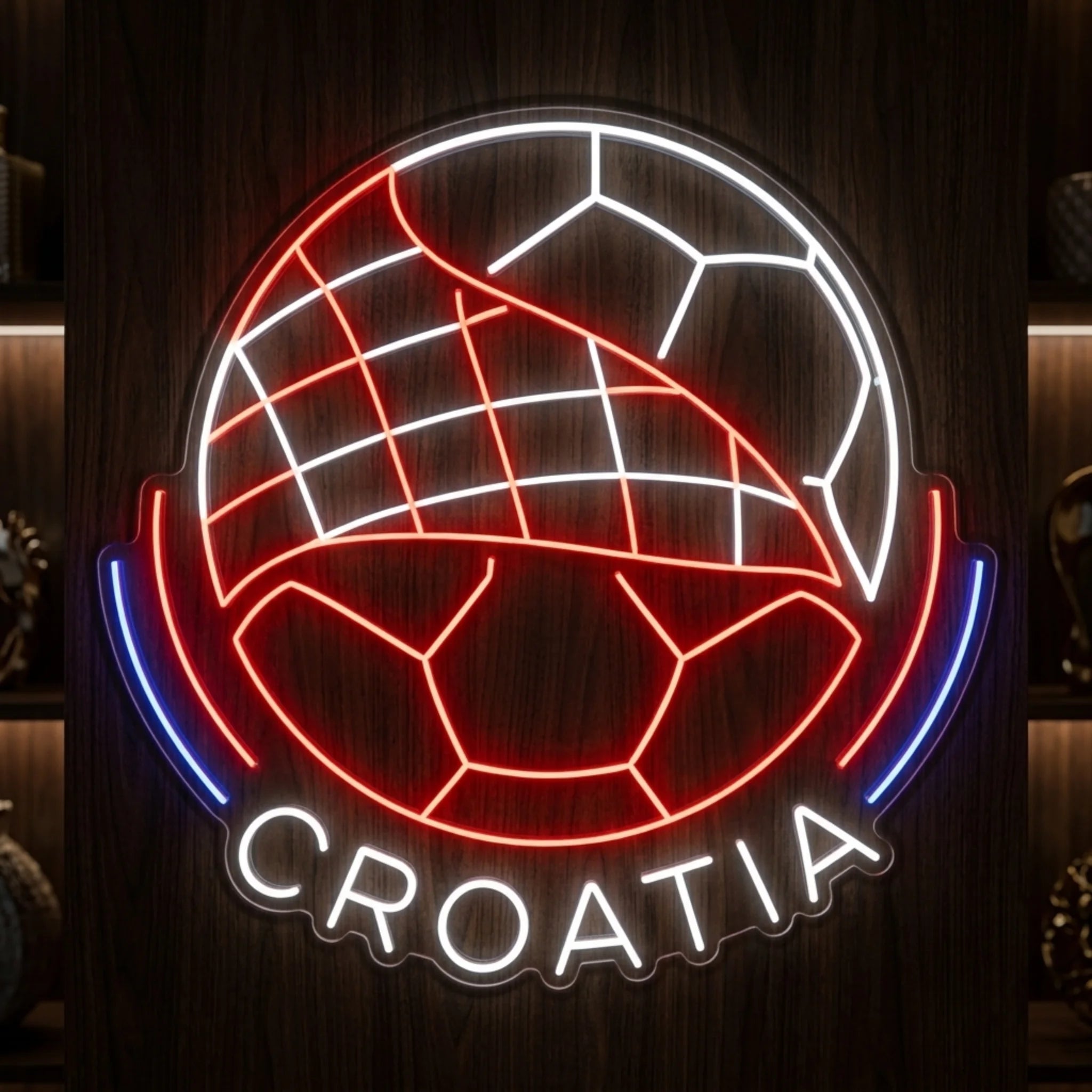 Croatia LED neon sign featuring a volleyball-inspired football crest illuminated in red white and blue colours
