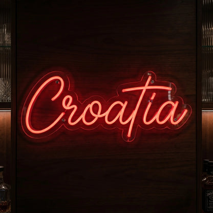 Croatia LED neon sign featuring elegant red script lettering on clear acrylic backing